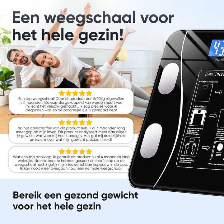 NuCare Slimme Weegschaal - Smart - Luxe personenweegschaal - Digitale - Scale - Inclusief app - Zwart